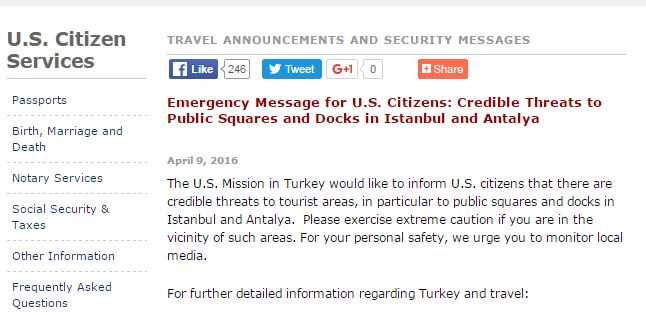 США предупреждает своих граждан в Анталии и Стамбуле