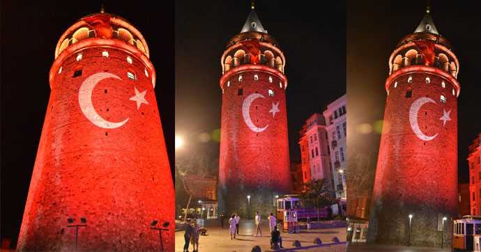 Башня Галата окрасилась в цвета флага Турции