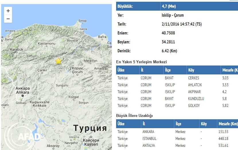 На севере Турции произошло землетрясение 4,7 балла
