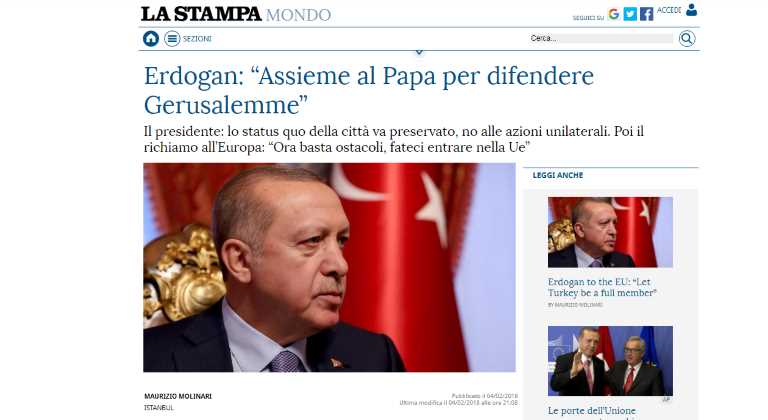 Эрдоган: «Вместе с папой римским — на защиту Иерусалима»