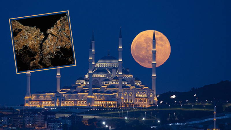 Стамбул из космоса и суперлуние в мегаполисе